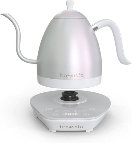 Artisan Electric Gooseneck Kettle, 1 Liter, For Pour Over Coffee, Brewing Tea, LCD Panel, Precise Digital Temperature Selection, Flash Boil and Keep Warm Settings (White Iridescent)