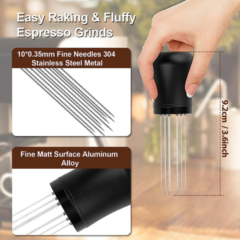 Espresso Distribution tools, 10 x 0.35mm 304 Stainless Steel Needles Installed with 10 Extra needles for Espresso Stirrer Replacement, Aluminum Alloy Handle with Stand (Matte black)